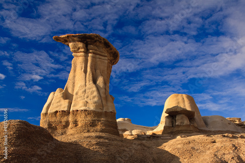 Hoodoos, a geologic formation on a bright day in the badlands near Drumheller, Alberta, Canada