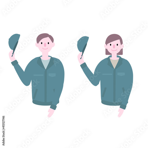 帽子をとって挨拶をする作業服をきた人イラスト素材
