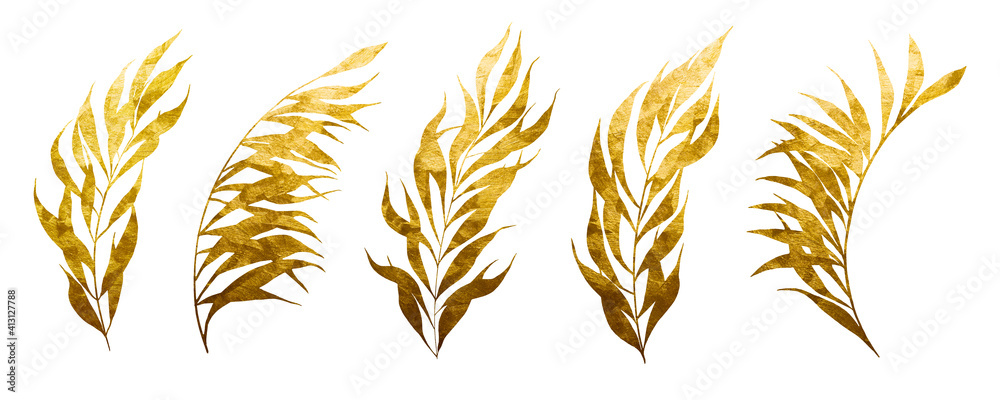 Hand drawn floral branches set. Golden leaves. Gold botanic isolated elements. Wedding dividers for invitation card. Hand drawn floral branches set. Golden leaves. Gold botanic isolated elements. Wedding dividers for invitation card.