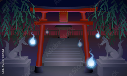 ホラー肝試し鳥居神社なベクターイラスト