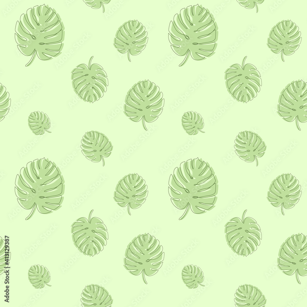 Abstract botanical seamless pattern. Tropical monstera leaves silhouette and line art for exotic background. Hand drawn line art botany illustration in green monochrome colors. Vector Abstract botanical seamless pattern. Tropical monstera leaves silhouette and line art for exotic background. Hand drawn line art botany illustration in green monochrome colors. Vector