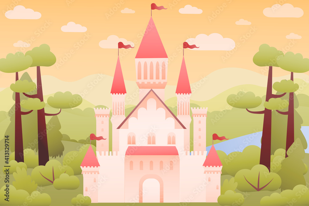 Fairy tale landscape with medieval fantasy pink castle, colourful hills, magical sky, illustration for games or children books, dreamlike royal mansion
