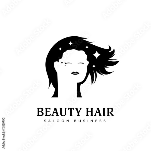 Beauty natural hair dresser saloon logo icon symbol with calm long hair woman silhouette
