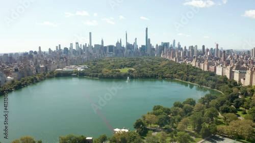 Flight over Central Park Lake in Public Park in Manhattan, New York City from Aerial Drone perspective on Summer Day