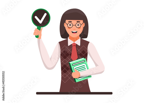 Teacher woman with positive grade or vote. Back to school