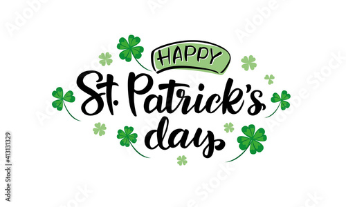 Vector illustration of the "Happy St. Patrick's Day" logo with a clover shamrock pattern on a white background. Hand-sketched Irish holiday design. Beer festival lettering typography icon.
