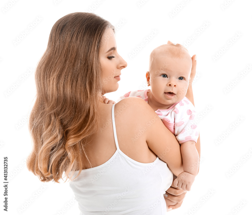 Happy mother with cute little baby on white background Happy mother with cute little baby on white background