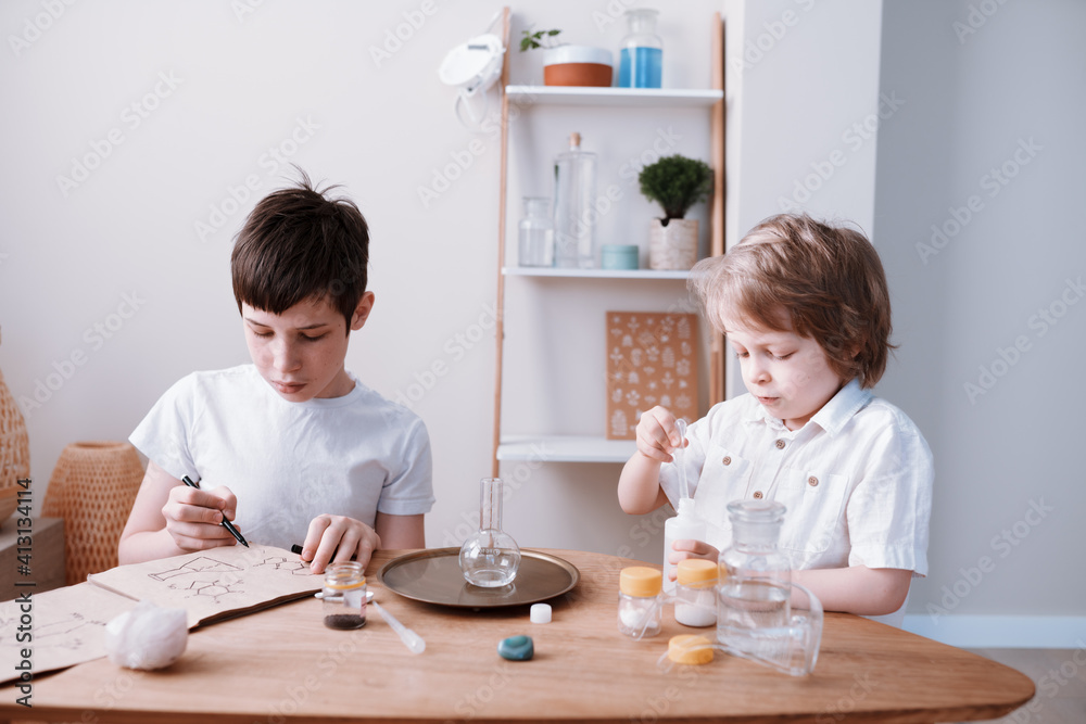 Two brothers experimenting in the home laboratory and studying the chemical properties Two brothers experimenting in the home laboratory and studying the chemical properties
