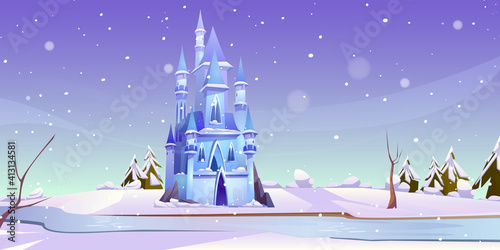 Magic castle at winter day on frozen river bank. Fairytale palace at beautiful nature landscape with falling snow and fir trees. Fantasy fortress, medieval architecture. Cartoon vector illustration