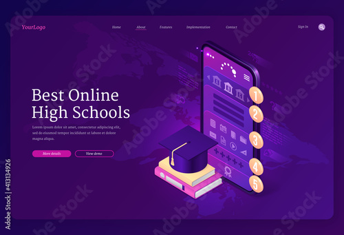 Best online high schools banner. Rating of services for internet learning, university and college study. Vector landing page of academic elearning with isometric smartphone, books and graduation cap