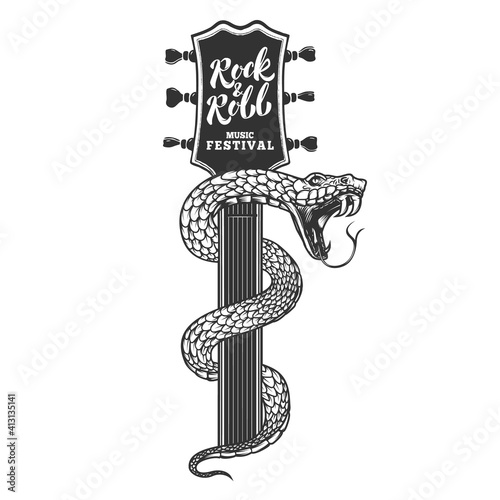 Illustrations of snake on guitar head. Design element for poster, card, banner, sign. Vector illustration