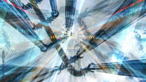 bent pipes urban energy a stream of luminous particles, a cycle of a stream of luminous particles. light effects moving and flexible lines in abstract style. profit energy meditation