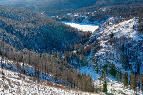Winter Altai landscape. View of lake Uchkel. Altai Republic, Siberia, Russia.