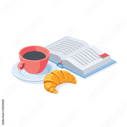 Coffee, croissant and book. Vector 3d isometric, color web or print icons, new flat style. Creative illustration, idea for infographics.