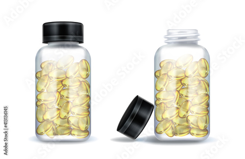 Medicine bottles with clear yellow capsules isolated on white background. Vector realistic mockup of glass or plastic transparent container with open and closed black lid. 3d jars with medical drugs