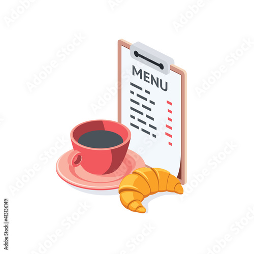 Coffee, croissant and menu board. Vector 3d isometric, color web or print icons, new flat style. Creative illustration, idea for infographics.
