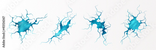 Cracks with water surface texture inside. Breaks in ground or ice with blue liquid aqua in hole. Vector realistic set of underground clean azure water in fissures isolated on transparent background