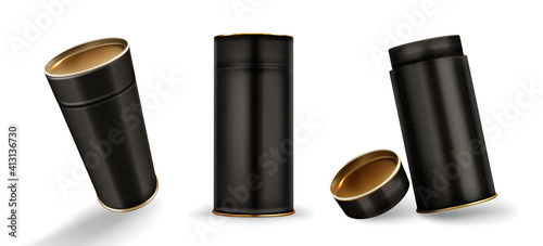 Kraft tube boxes mockup, closed and open cardboard cylinders of speckled black color, blank containers for branding made of craft paper isolated on white background, Realistic 3d vector mock up set