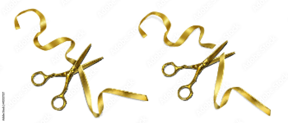 Obraz premium Golden scissors cut ribbon on grand open ceremony, launch event or inauguration. Vector realistic illustration of yellow metal scissors cutting gold tape isolated on white background