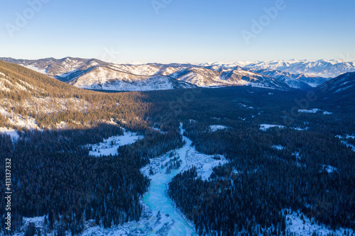 Winter aerial view of Multa river valley . Altai Republic, Siberia, Russia.
