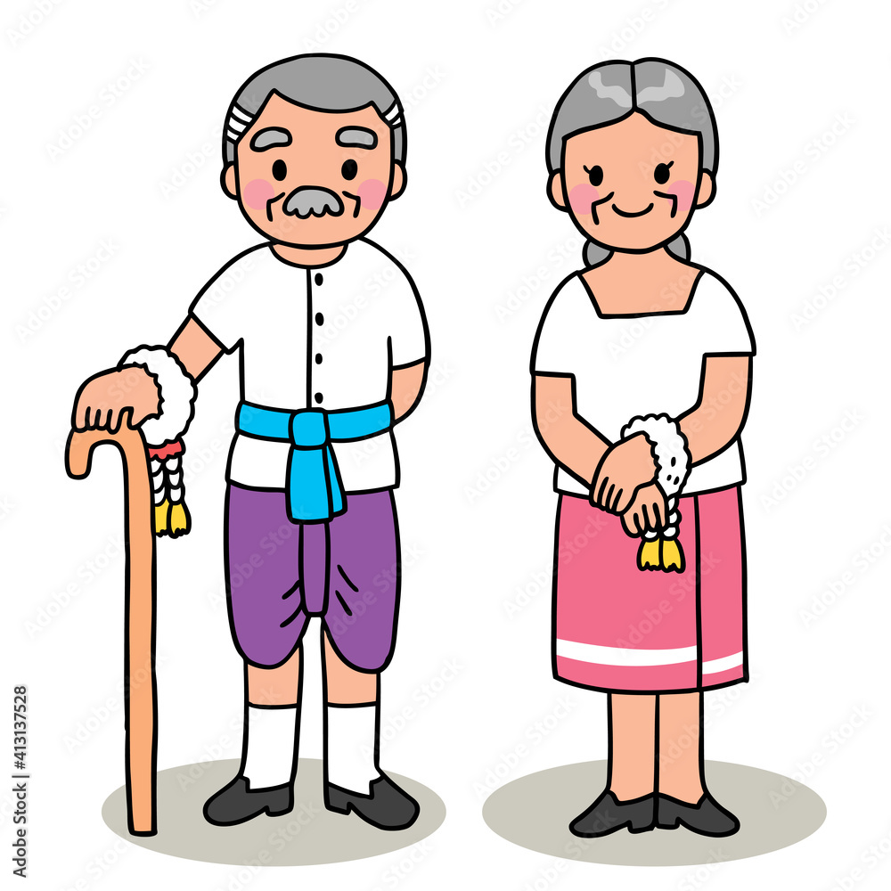 Cartoon cute Songkran festival Thailand, Grandfather and grandmother Thai style vector. Cartoon cute Songkran festival Thailand, Grandfather and grandmother Thai style vector.