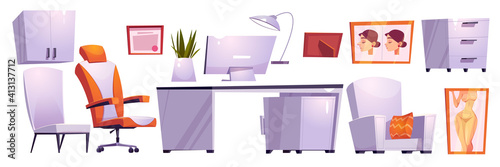 Plastic surgeon cabinet, beauty surgery room in hospital or clinic. Vector cartoon set of furniture in doctor office, table, chairs, computer and posters with women isolated on white background