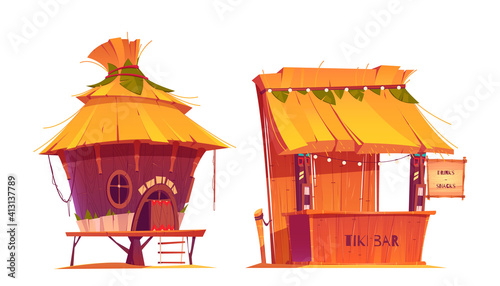 Fotografie, Tablou Tiki hut bar, hawaii beach wooden construction with hay roof and bamboo menu, tr