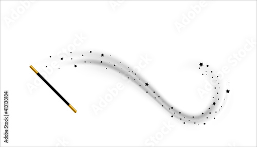 Magic wand with a stars. Trace of black dust. Magic abstract background isolated on on transparent background. Miracle and magic. Vector illustration flat design.