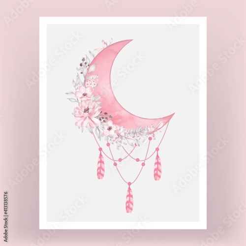 Watercolor half moon in bright pink shade with flower