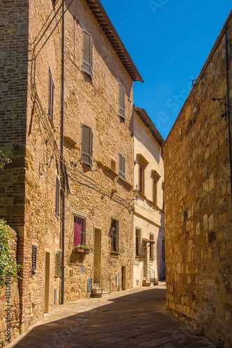 A quiet residential road in the historic centre of the medieval town of Montepulciano in Siena Province  Tuscany  Italy 