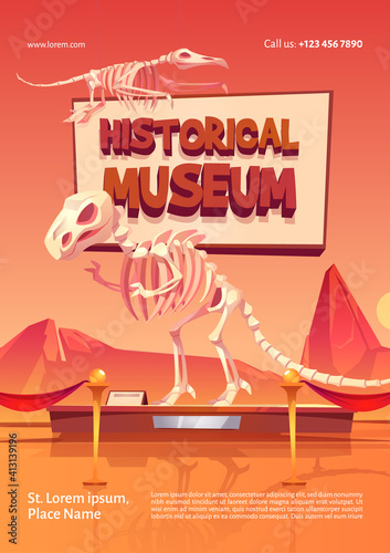 Poster of historical museum with dinosaur skeletons. Vector cartoon illustration of prehistoric exhibits, fossil extinct animals and archaeology finds. Flyer template of exhibition