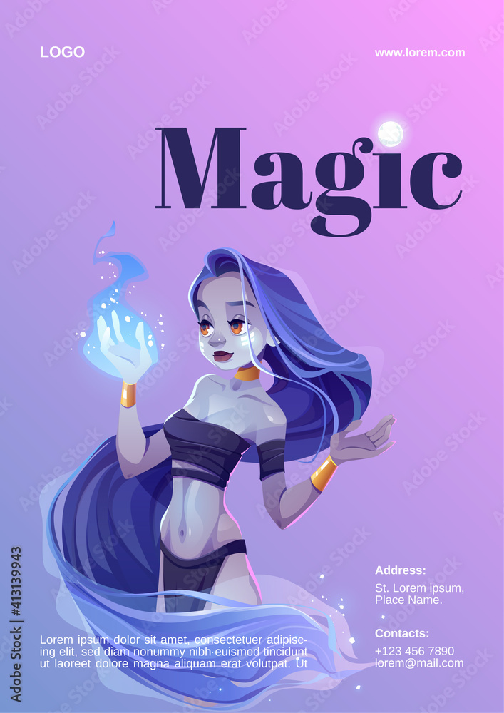 Magic show poster with mystic girl hold blue fire on hand. Vector flyer  with cartoon illustration