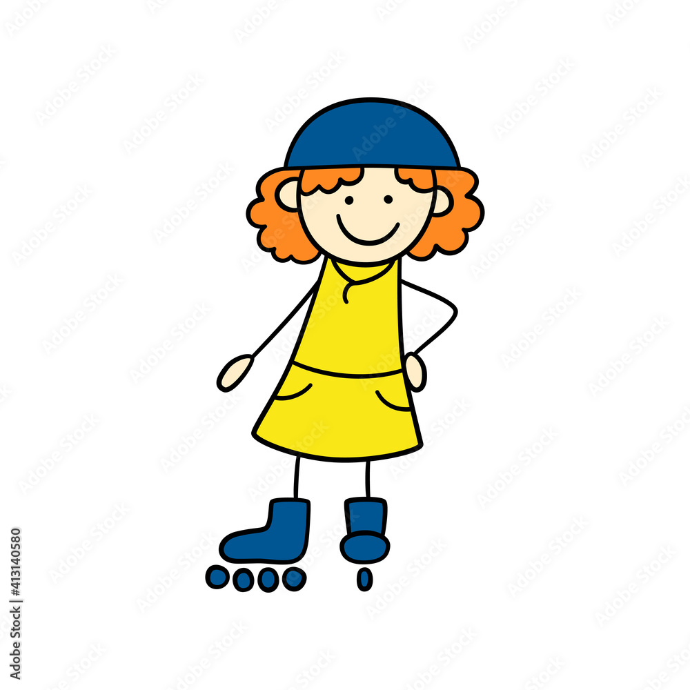 Funny little girl on roller skates. Cute kid drawing. Hand drawn vector illustration in doodle style on white background
