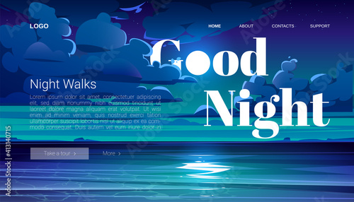 Night walks banner. Travel tour of evening walking on ocean beach. Vector landing page with cartoon summer landscape with sea, coastline and clouds on midnight sky