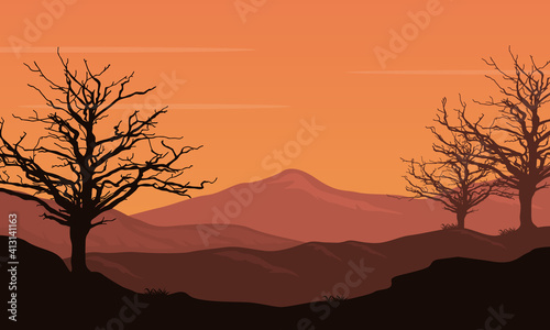 Realistic mountain views with panoramic views of the trees at dusk. Vector illustration