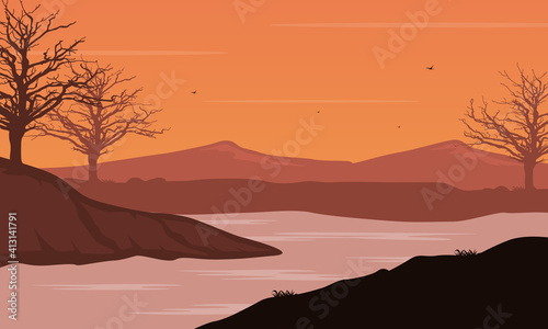A beautiful mountain view at dusk from the riverbank. Vector illustration
