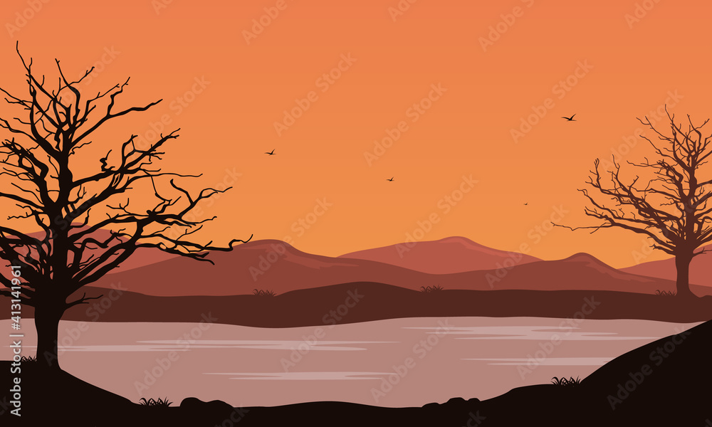 Stunning mountain views and tree silhouettes from the riverbank in the evening. Vector illustration