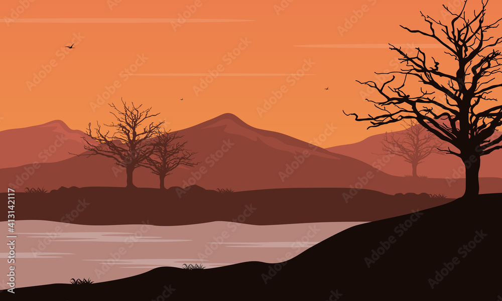 Beautiful natural scenery at dusk from the riverbank. Vector illustration