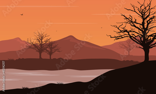 Beautiful natural scenery at dusk from the riverbank. Vector illustration