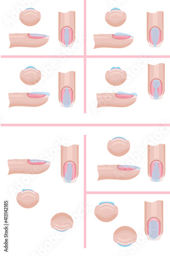 Hand nail care. The technique of applying the base layer of manicure, mistakes. Illustration for the manicure guide. Vector illustration