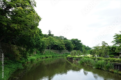Moat, broad ditch at Hikone castle in Shiga Prefecture, Japan - 彦根城 お堀 城壁 日本 滋賀