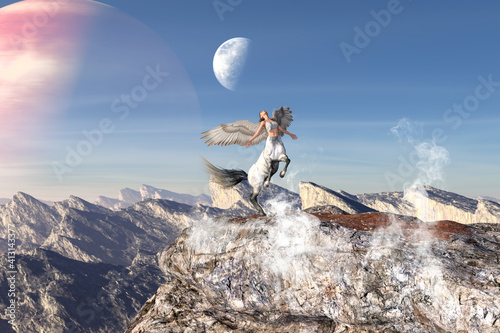 大きな翼を広げた女の子のケンタウロスがエネルギッシュに体をそらし大空に羽ばたこうとしている photo