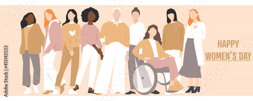 Women's Day card. Women of different ethnicities stand side by side together. 8 March International women's day. Flat vector illustration.