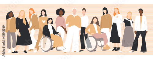 Women of different ethnicities stand side by side together. Flat vector illustration.