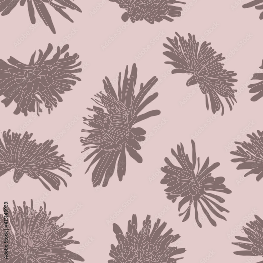  seamless pattern with big flowers and flowerbud. Linear hand drawn texture. floral pattern