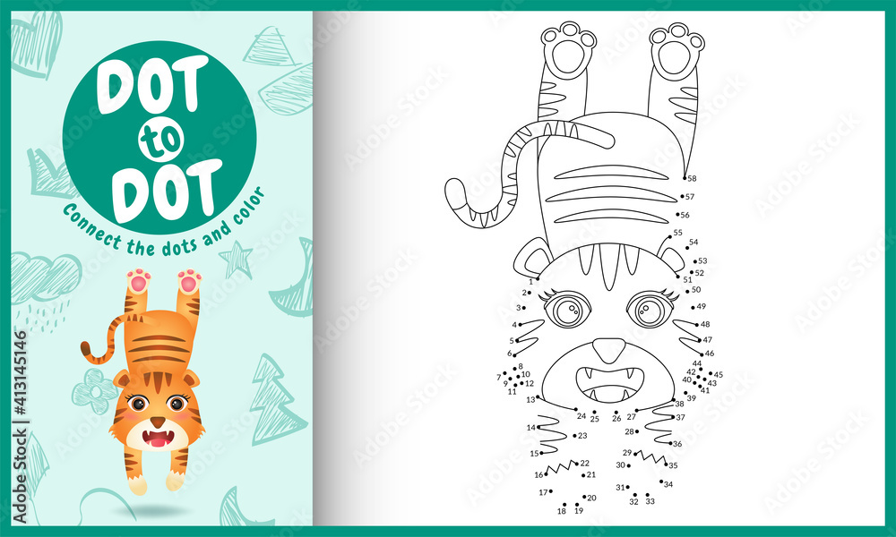 Fototapeta premium Connect the dots kids game and coloring page with a cute tiger character illustration