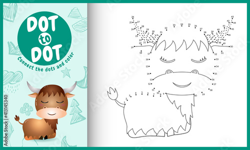 Connect the dots kids game and coloring page with a cute buffalo character illustration