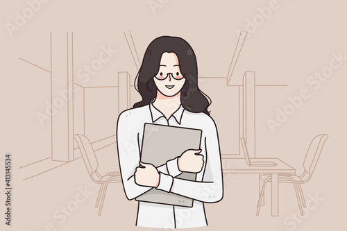 Office worker, businesswoman, career concept. Young smiling pretty woman cartoon character standing holding laptop in hands over office meeting room at background illustration 