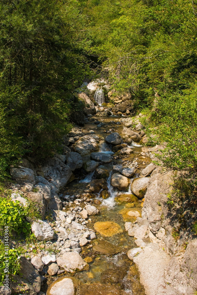 The Torrente Aupa river in the Moggio Udinese area of Udine Province, Friuli-Venezia Giulia, north east Italy
The Torrente Aupa river in the Moggio Udinese area of Udine Province, Friuli-Venezia Giulia, north east Italy