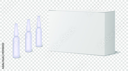 Realistic ampoules with medicine, vaccine, next to cardboard packaging, box on a transparent background. Realistic shadows. Layout for your design. Vector illustration.